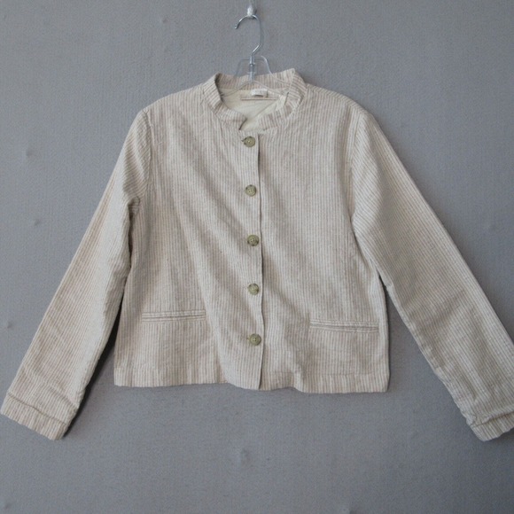 Poetry Hemp Stripe Beige Mandarin Collar Boxy Jacket Top - Picture 1 of 13